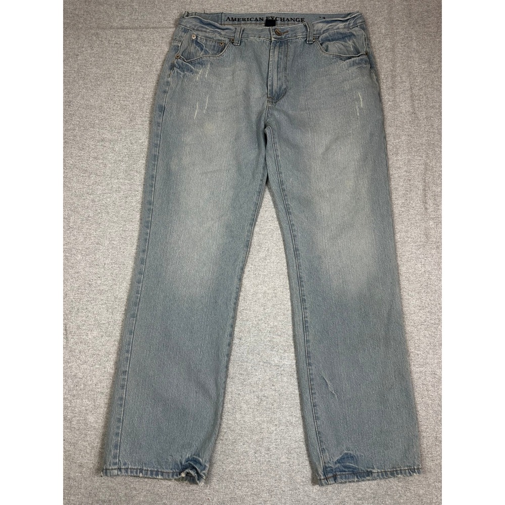 American Exchange Jeans Mens 36x32 Blue Straight Leg Light Wash Distressed